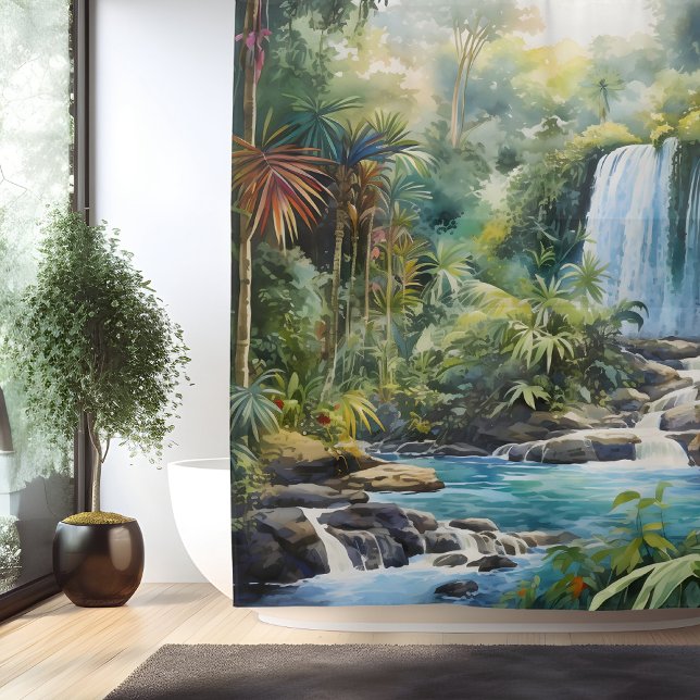Watercolor Mayan Jungle Waterfall Shower Curtain (Creator Uploaded)