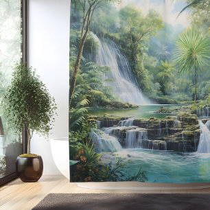 Watercolor Mayan Jungle Waterfall Shower Curtain