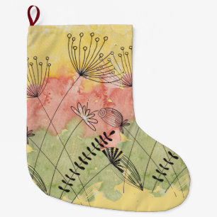 Watercolor Meadow Blossoms – Elegant Ink Line Art  Large Christmas Stocking