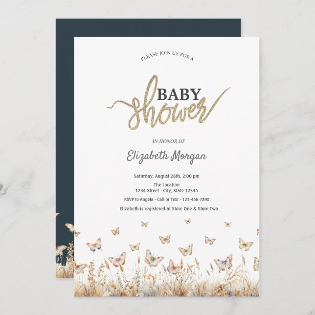 Watercolor Meadow Butterflies Baby Shower Invitation (Front/Back)