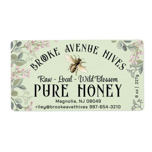 Watercolor Meadow Flowers and Honeybee Honey Label (Front)