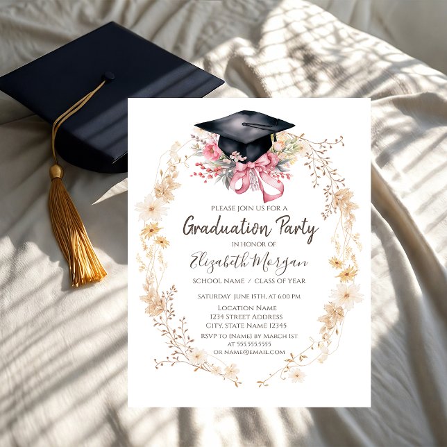 Watercolor Meadow Flowers Cap Bow Graduation Invitation (Creator Uploaded)