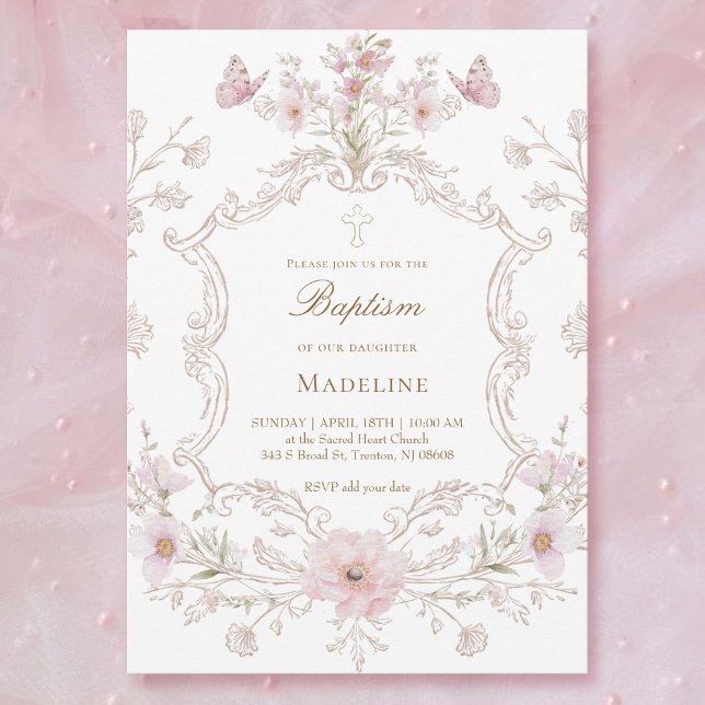watercolor meadow flowers frame Baptism girl Invitation (Creator Uploaded)