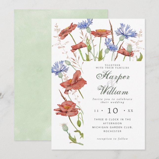 Watercolor meadow flowers grass wedding invitation (Front/Back)