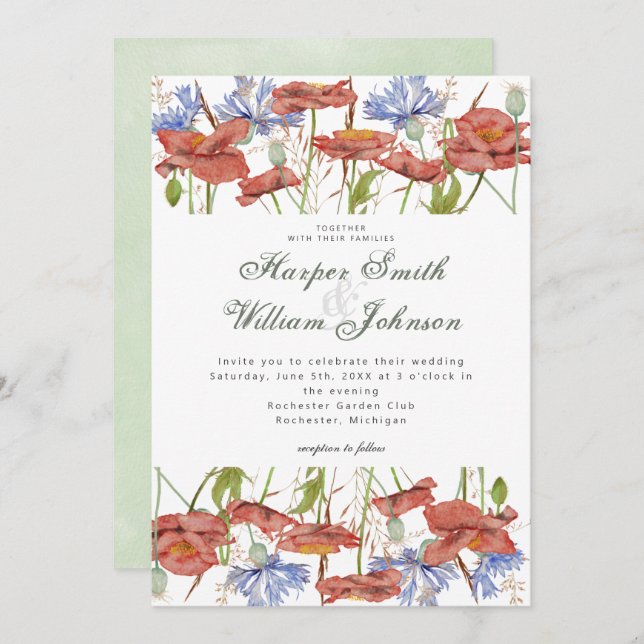 Watercolor meadow flowers grass wedding invitation (Front/Back)