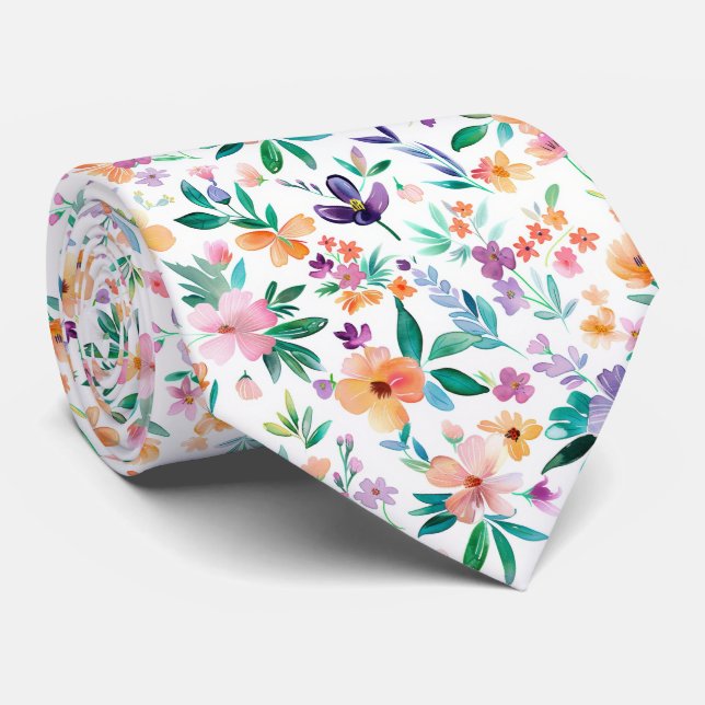 Watercolor Meadow Flowers Pattern Tie (Rolled)