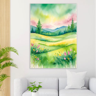 Watercolor Meadow Landscape with Hills and Trees Poster