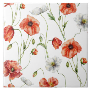 Watercolor Meadow Poppies And White Wildflowers  Tile