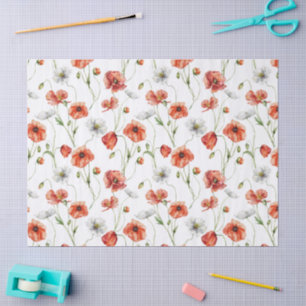 Watercolor Meadow Poppies And White Wildflowers  Tissue Paper