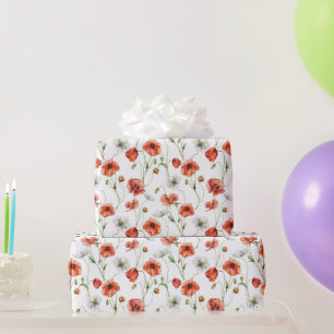 Watercolor Meadow Poppies And White Wildflowers  Wrapping Paper