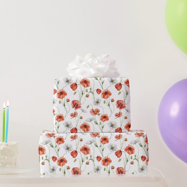 Watercolor Meadow Poppies And White Wildflowers  Wrapping Paper (Party Gifts)