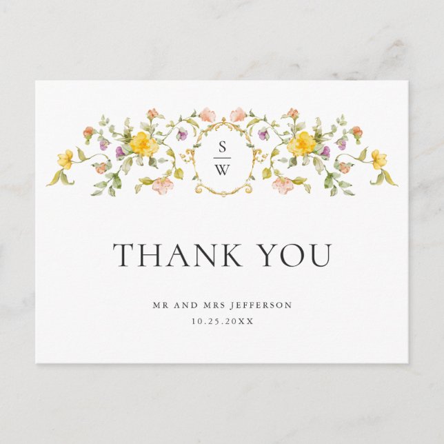 Watercolor Meadow Wildflower Boho Thank You Postcard (Front)