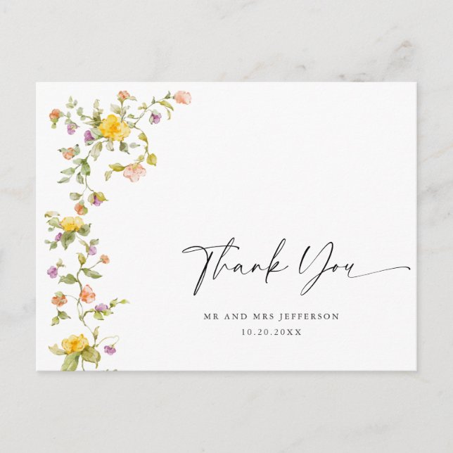 Watercolor Meadow Wildflower Boho Thank You Postcard (Front)