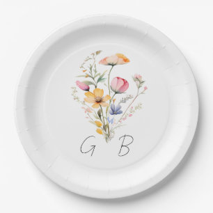 Watercolor Meadow Wildflower Monogram Wedding Paper Plate