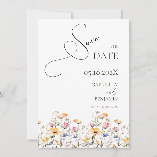 Watercolor Meadow Wildflower Save the Date Wedding Invitation (Front)