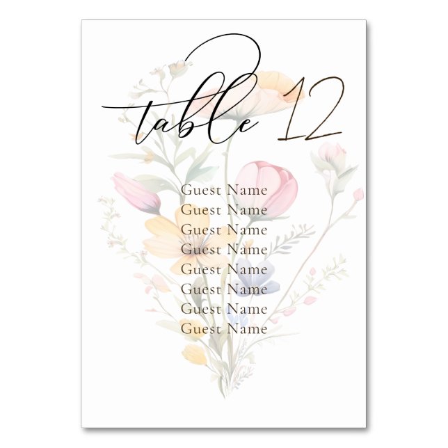 Watercolor Meadow Wildflower Wedding Seating Chart Table Number (Front)