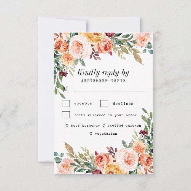 Watercolor Meal Choice Blush Burgundy Wedding RSVP Card (Front)