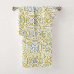 Watercolor Mediterranean Azulejo Boho Pattern Bath Towel Set