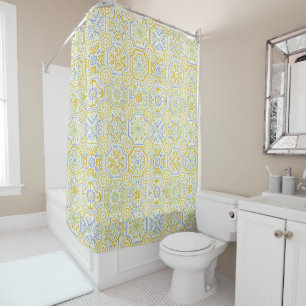 Watercolor Mediterranean Azulejo Boho Pattern Shower Curtain