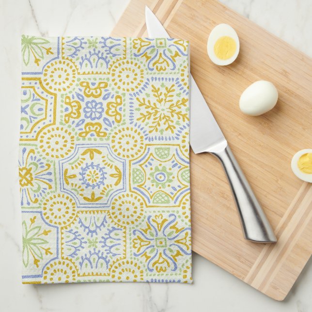 Watercolor Mediterranean Azulejo Boho Pattern  Tea Towel (Quarter Fold)