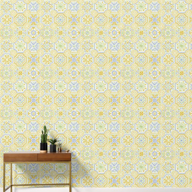 Watercolor Mediterranean Azulejo Boho Pattern  Wallpaper (Hallway)