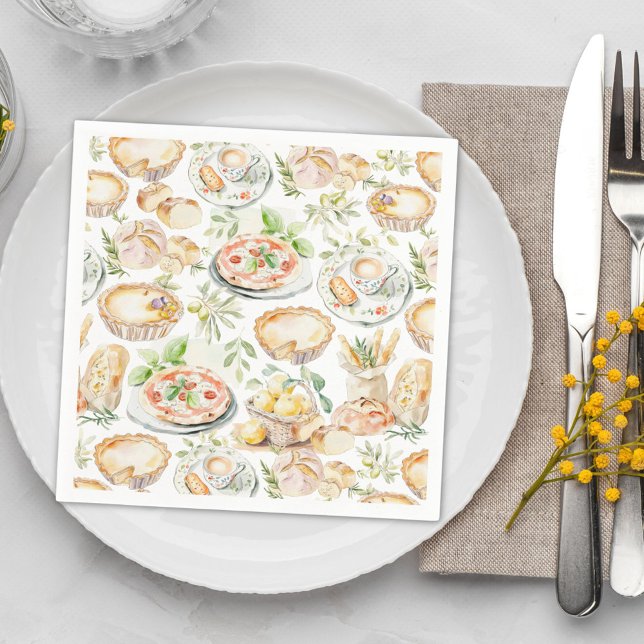 Watercolor Mediterranean Food Pattern Napkin (In situ)