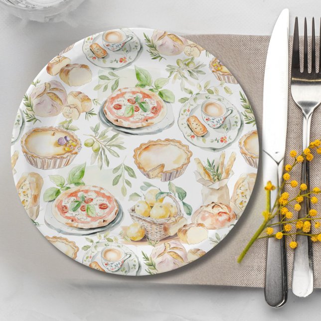 Watercolor Mediterranean Food Pattern Paper Plate (In situ)