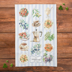 Watercolor Mediterranean foods Custom Family Name Tea Towel