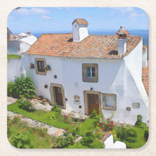 Watercolor Mediterranean house Square Paper Coaster