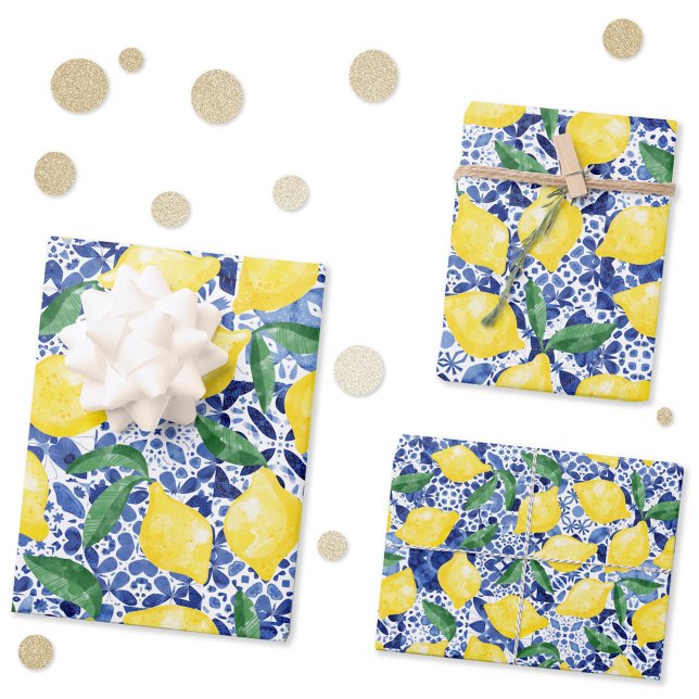 Watercolor Mediterranean Tile Lemon Pattern Citrus Wrapping Paper Sheet (Watercolor lemons on a blue and white Mediterranean tile pattern gift wrap sheets)