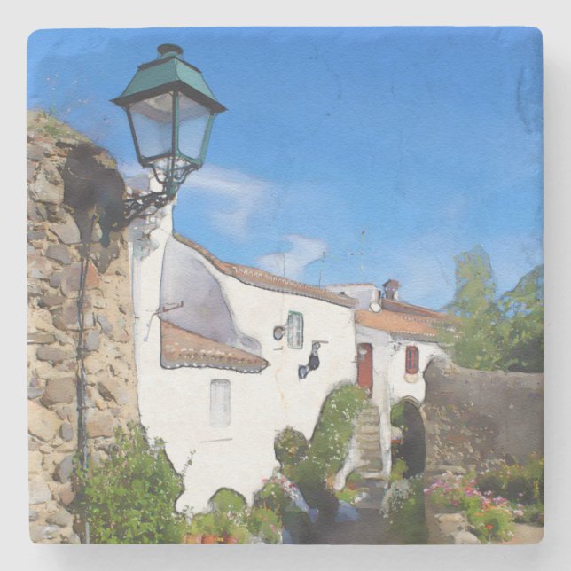 Watercolor Mediterranean village Stone Coaster (Front)