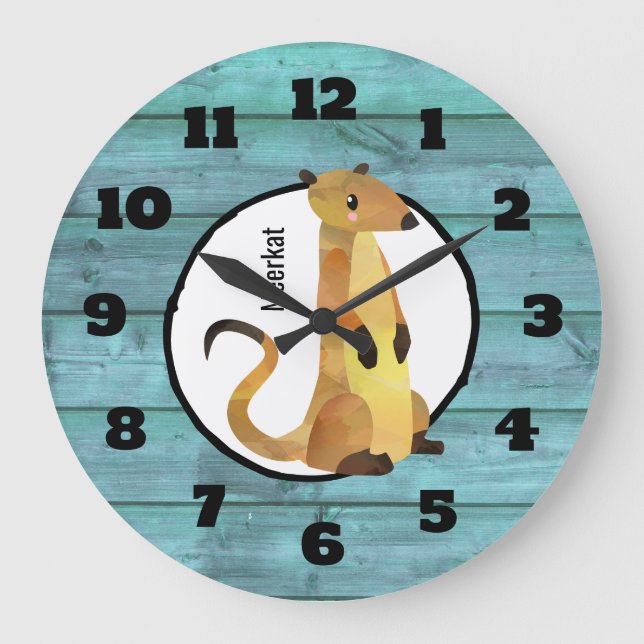 Watercolor Meerkat on a Blue Wood Background Large Clock (Front)
