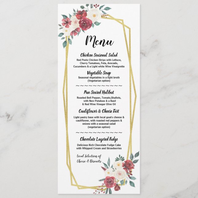 Watercolor Menu Wedding Reception Red Cream Floral (Front)