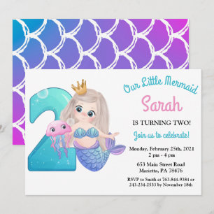 Watercolor Mermaid 2nd Birthday Party Invitation