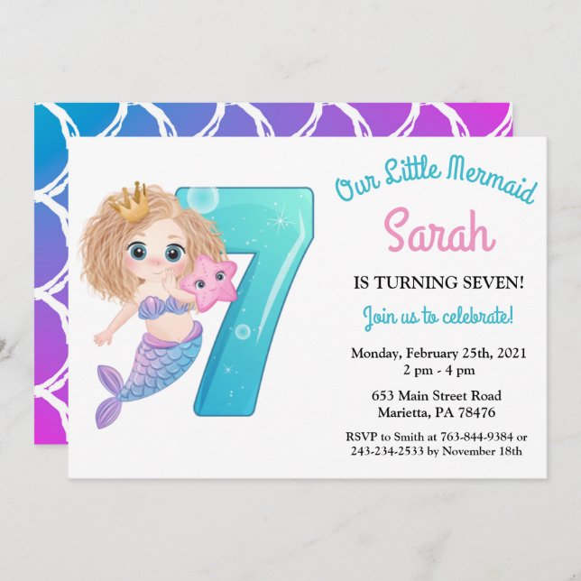 Watercolor Mermaid 7th Birthday Party Invitation (Front/Back)