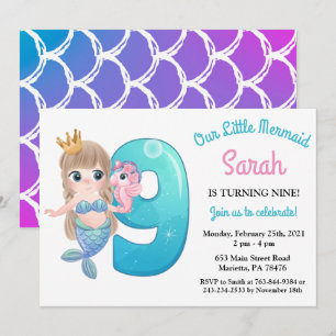 Watercolor Mermaid 9th Birthday Party Invitation