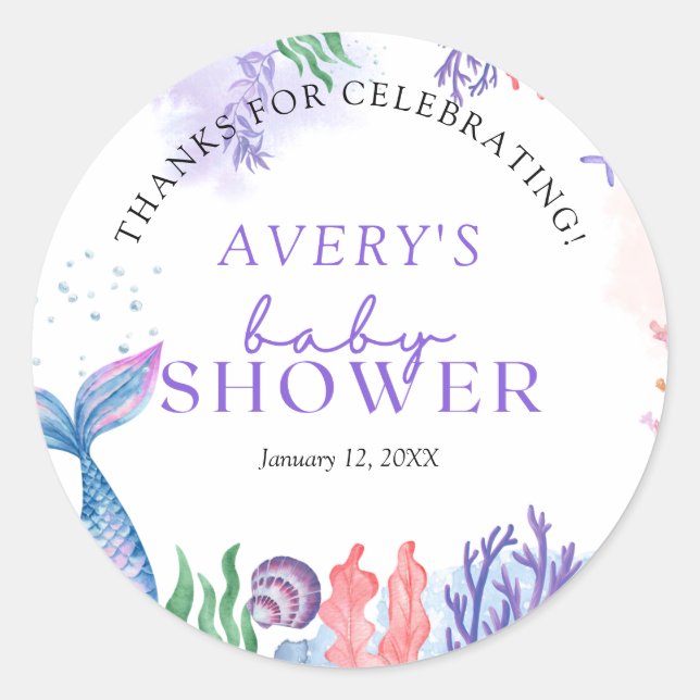Watercolor Mermaid Baby Shower Thank You Classic Round Sticker (Front)