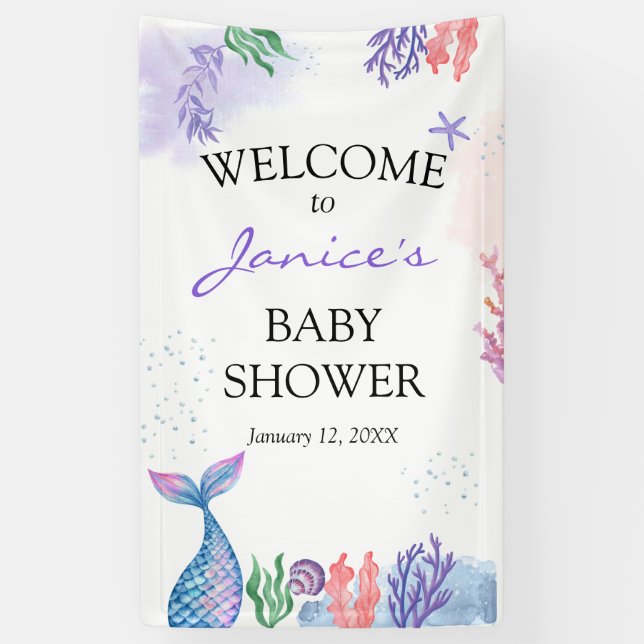 Watercolor Mermaid Baby Shower Welcome Sign (Vertical)