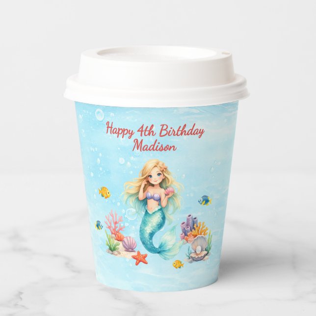 Watercolor Mermaid Birthday Paper Cups (Front)