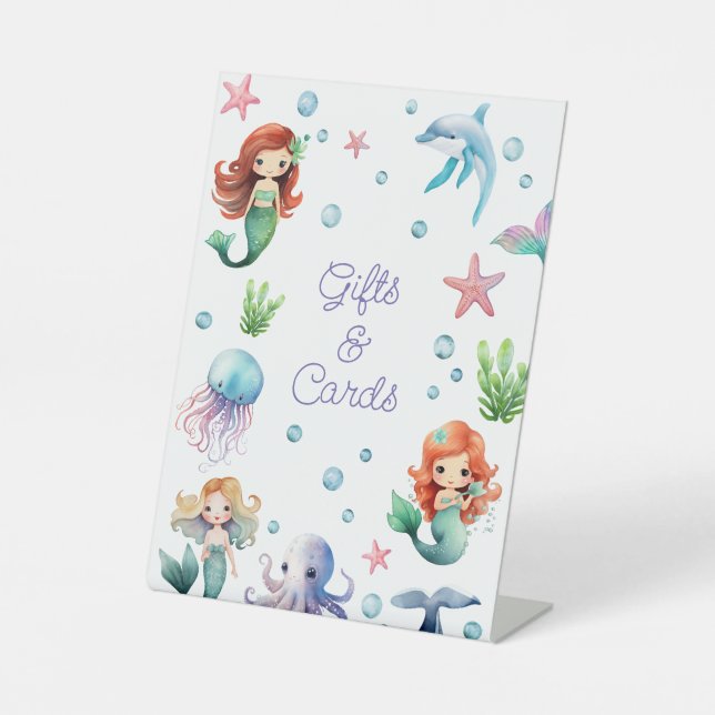 Watercolor Mermaid Birthday Party Tabletop Gifts Pedestal Sign (Front)
