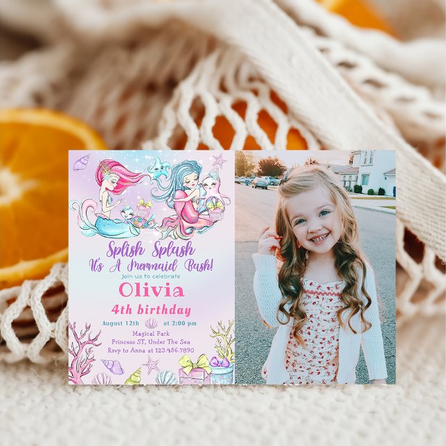 Watercolor Mermaid Birthday Photo Invitation (Creator Uploaded)