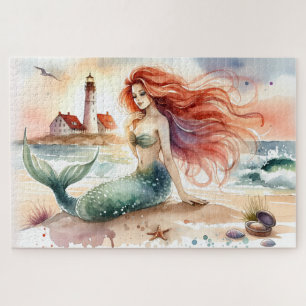 Watercolor Mermaid by Lighthouse Shore Jigsaw Puzzle