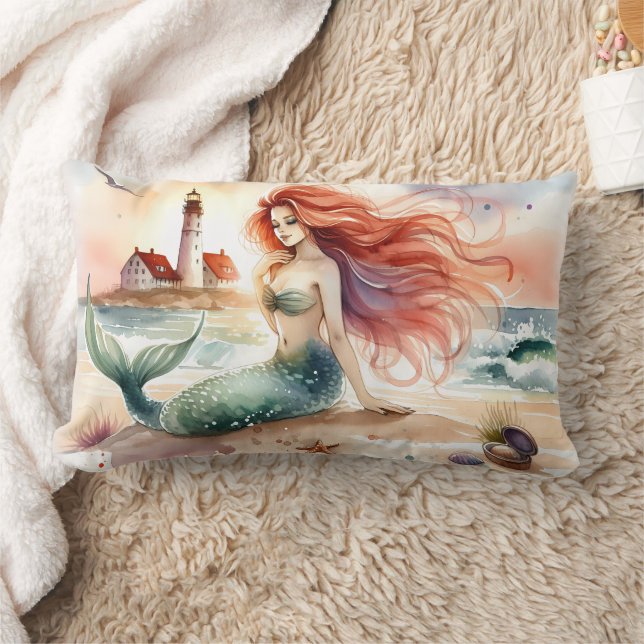Watercolor Mermaid by Lighthouse Shore Lumbar Cushion (Blanket)