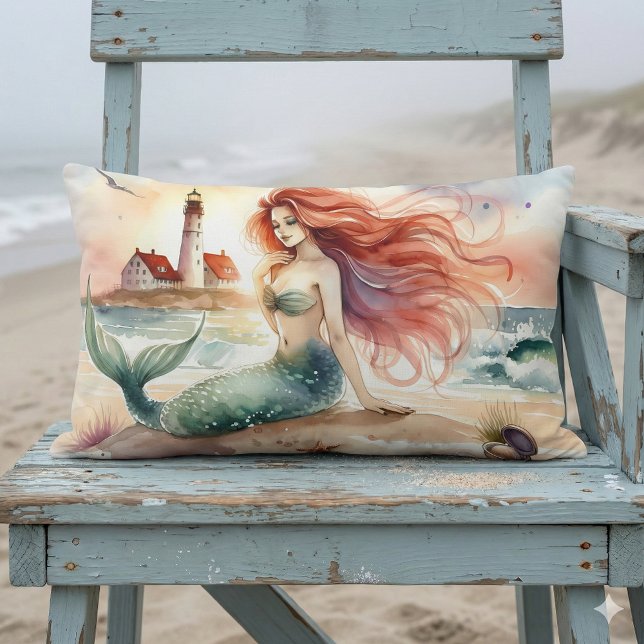 Watercolor Mermaid by Lighthouse Shore Lumbar Cushion (Watercolor Mermaid by Lighthouse Shore Lumbar Pillow Mockup A)