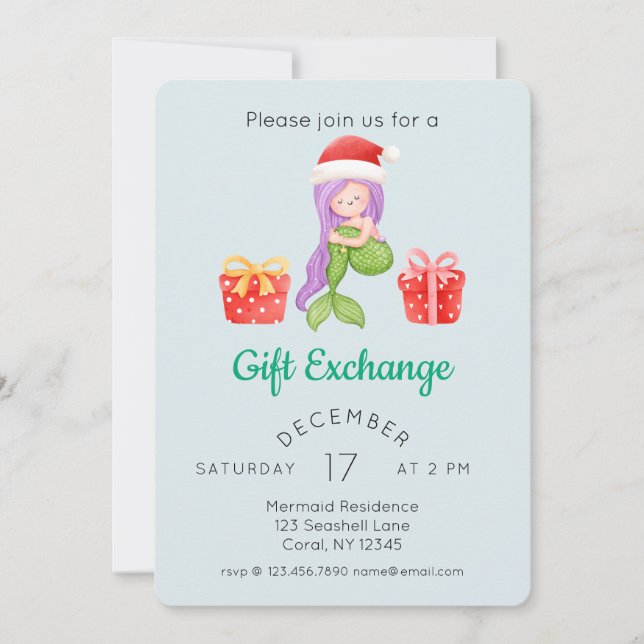 Watercolor Mermaid Christmas Gift Exchange Party Invitation (Front)