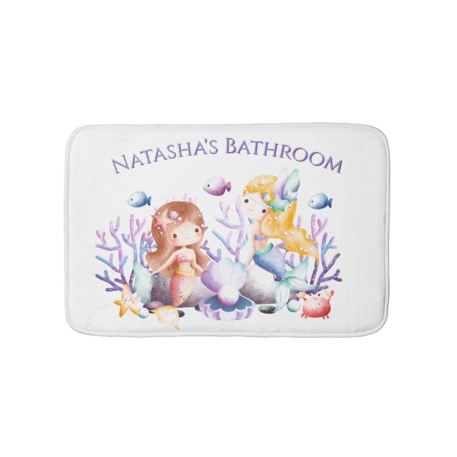 Watercolor Mermaid Custom Name Bathroom Bath Mat (Front)