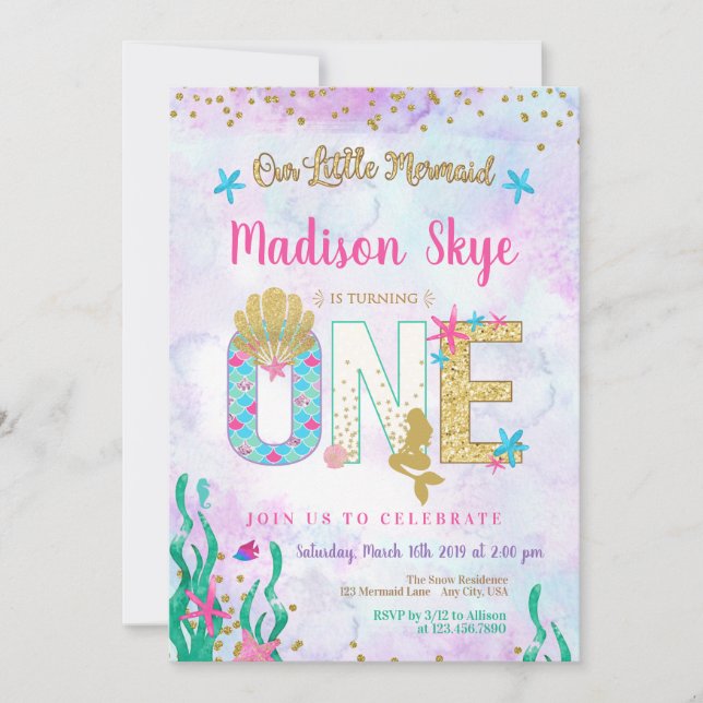 Watercolor Mermaid First Birthday Invitation (Front)