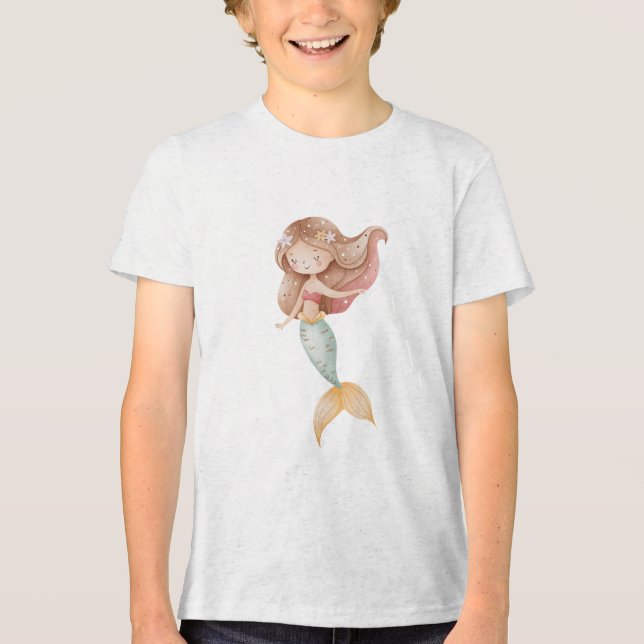 Watercolor Mermaid Girl Illustration Tri-Blend Shirt (Front)