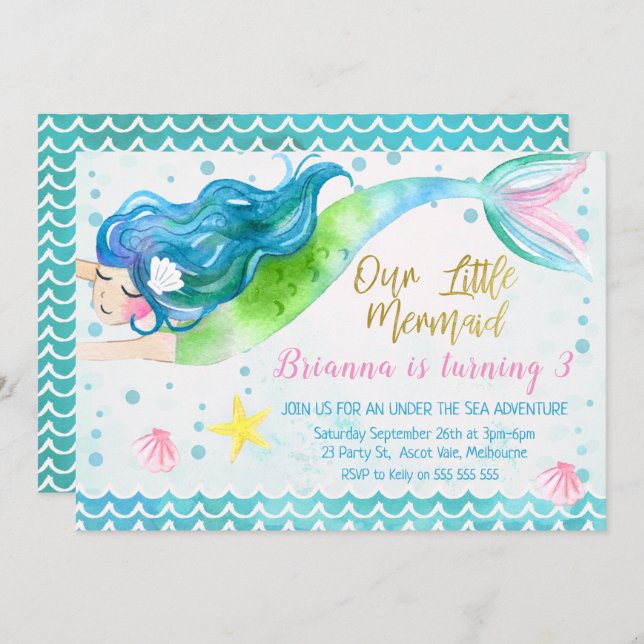 Watercolor mermaid invitation (Front/Back)