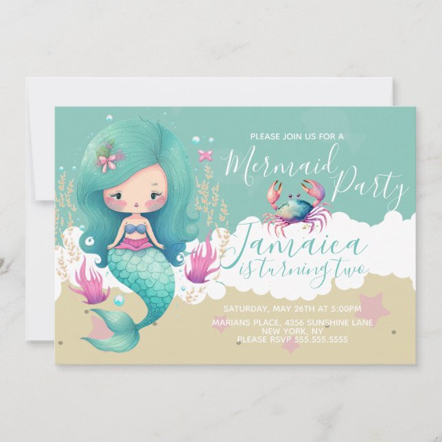 Watercolor Mermaid Ocean Beach Birthday Party   Invitation (Front)